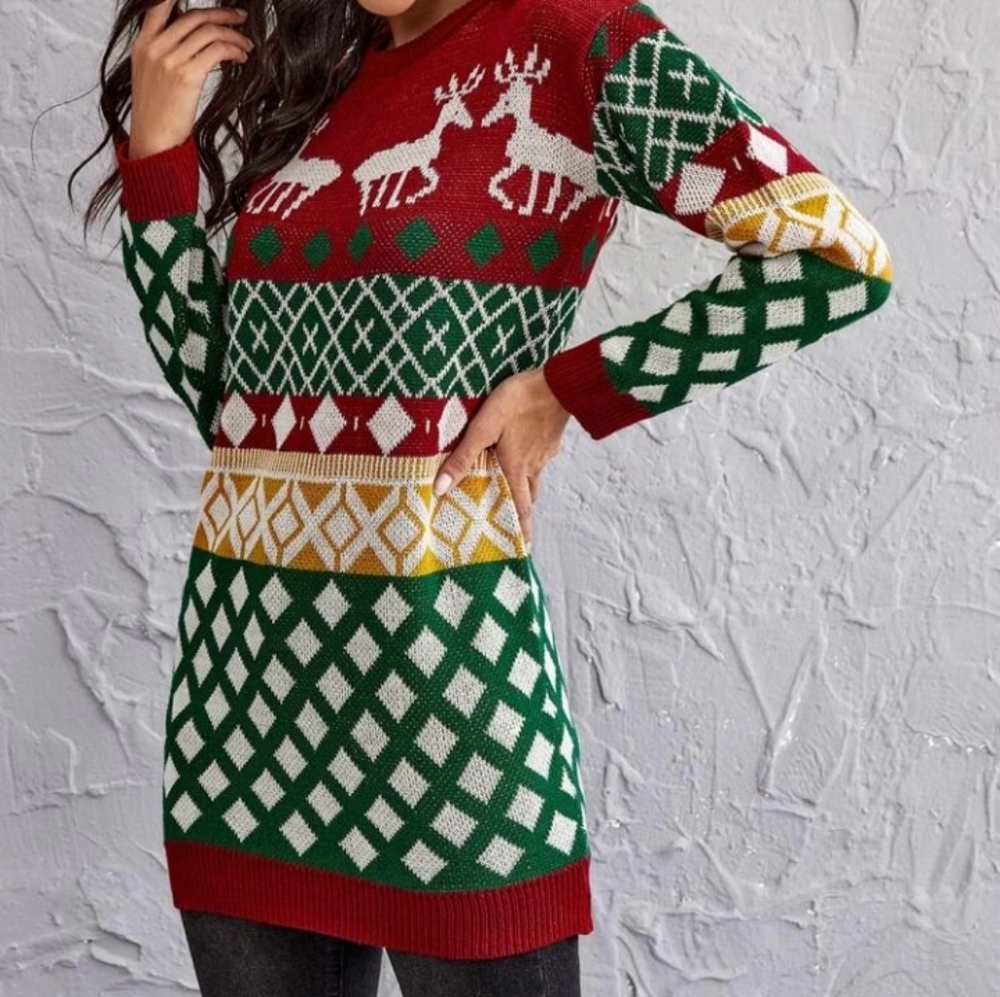 Drop Shoulder Christmas Pattern Sweater Dress
